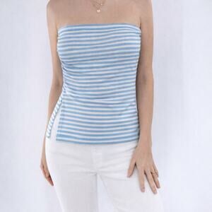 Women’s Blue & White Striped Strapless Side Slit Top Size Small